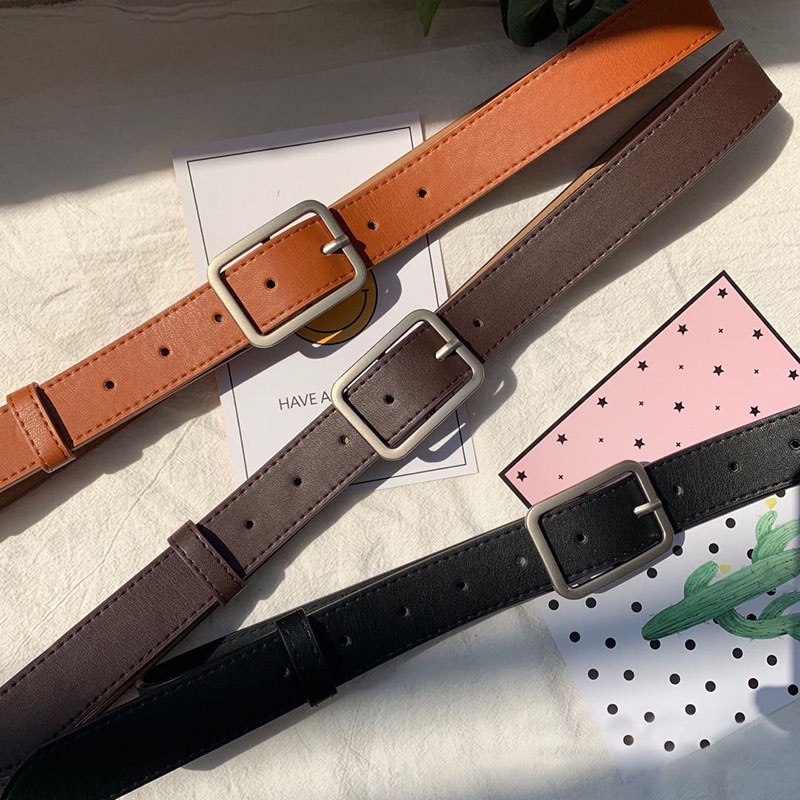 Thắt Lưng Da PU Khóa Vuông Màu Vàng Kim Đơn Giản Dễ Phối Đồ Phong Cách Retro Mới