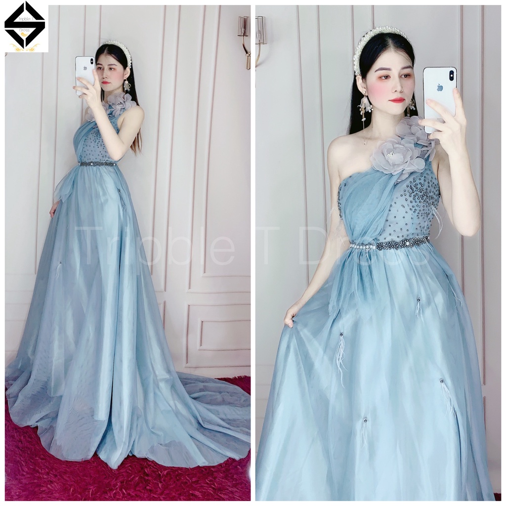 Đầm maxi dạ hội lệch vai đuối tôm dài mặc cưới kết hoa nổi và cườm TRIPBLE T DRESS-size M/L - MS199V
