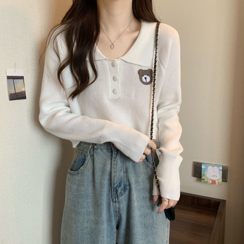 Áo sweater Tay Phồng Cổ Bẻ Thêu Hình Gấu Dễ Thương Phong Cách Hàn Quốc Thời Trang Mùa Thu