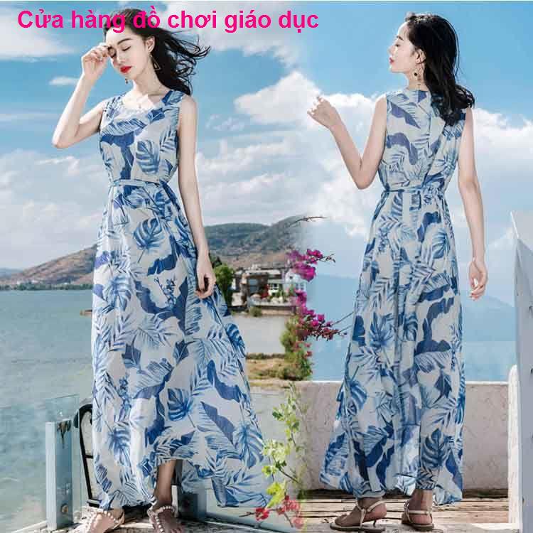 SHOP XINH Váy mùa hè mới của phụ nữ Slim voan không tay Bohemian dài bên bờ biển bãi