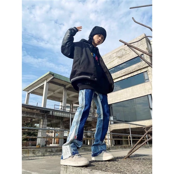 Quần bò jeans ống rộng vảy sơn phối màu đậm nhạt tua rua hiphop Ulzzang siêu chất ❤️