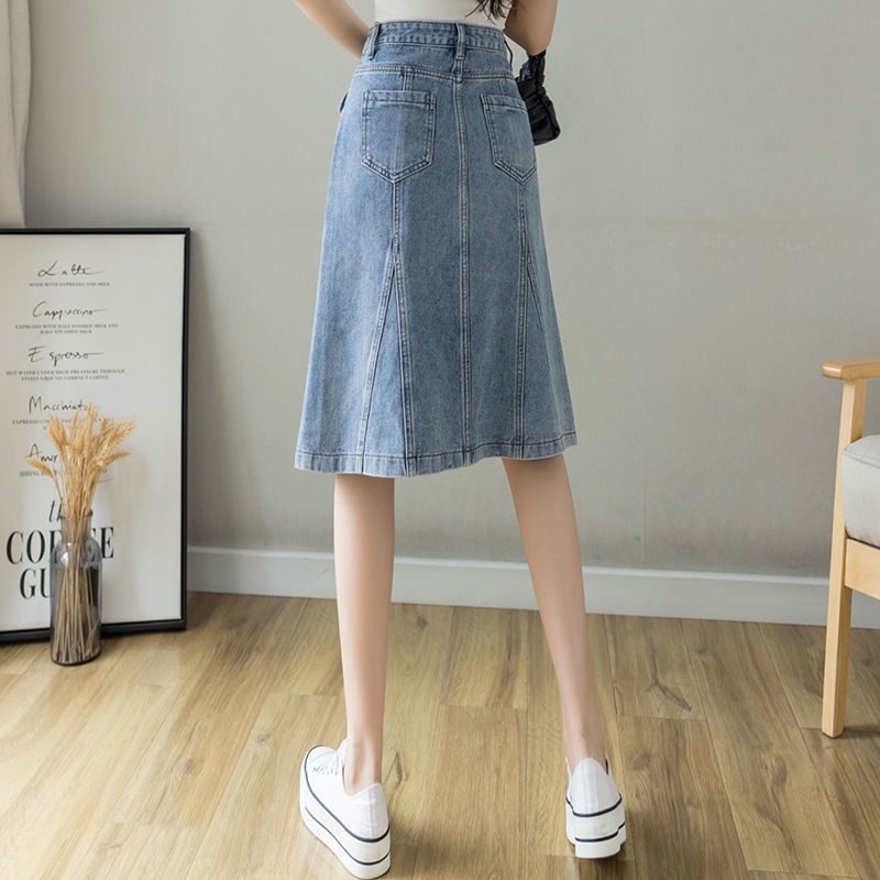 Chân váy denim RENJIANVSHENG dáng chữ A lưng cao phong cách Hàn Quốc thời trang cho nữ