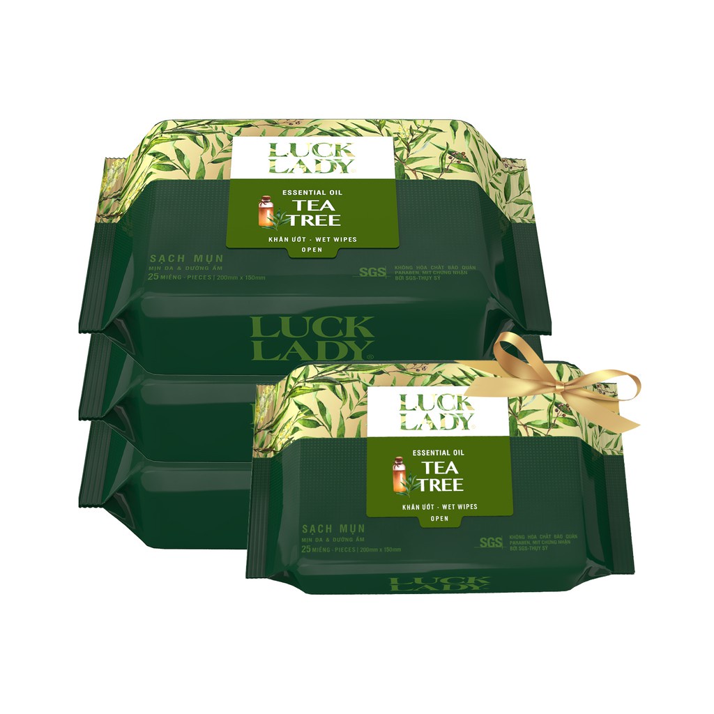 [MUA 3 TẶNG 1 CÙNG LOẠI] Mua 3 gói khăn ướt sạch mụn Luck Lady Tea Tree (25 tờ/ gói) tặng kèm 1 gói cùng loại