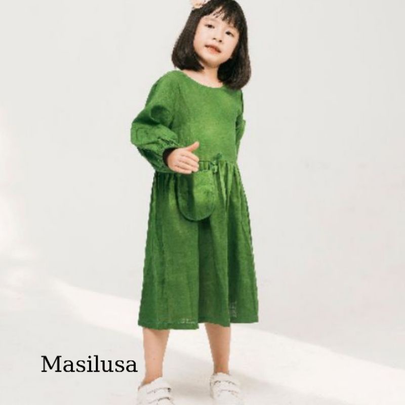 Đầm linen  cao cấp bé gái màu xanh lá cây