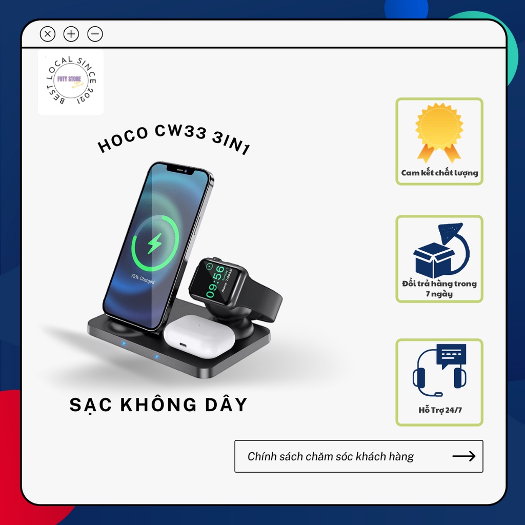 Đế Sạc nhanh không dây 3IN1 15w Hoco CW33 (Sạc cho Iphone/Airpods/Apple Watch)