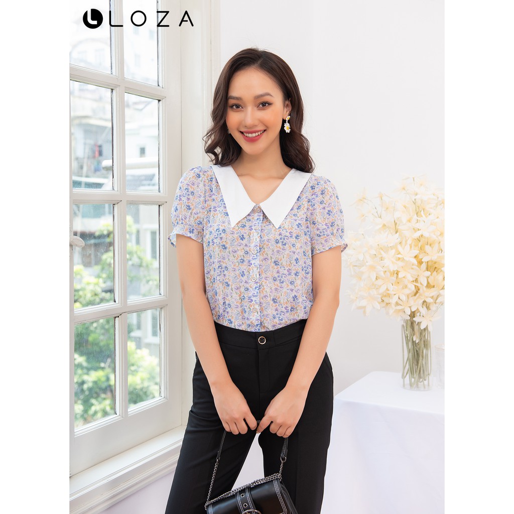 [Mã FASHIONMALLT4 giảm 15% đơn 150k] Áo sơ mi nữ LOZA họa tiết hoa nhí cổ lá - LS1446