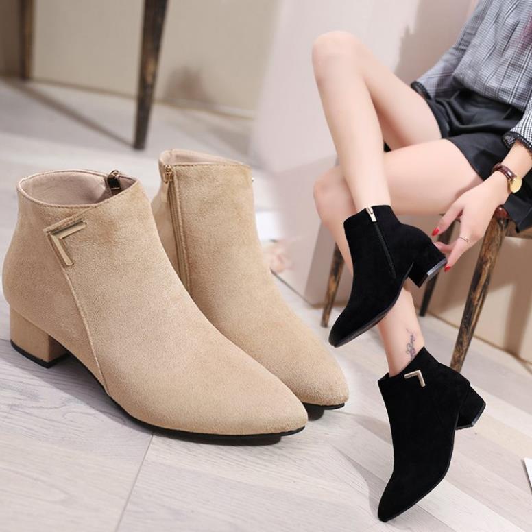 NEW Boots cổ ngắn/Giày nữ, khóa kéo phá cách, da lộn, đế thấp, mũi nhọn