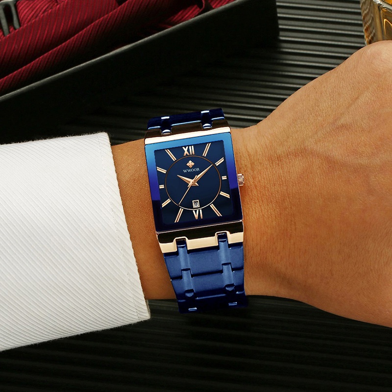 Đồng Hồ Quartz WWOOR Relojes Hombre Mặt Vuông Chất Liệu Thép Không Gỉ Chống Thấm Nước 8858