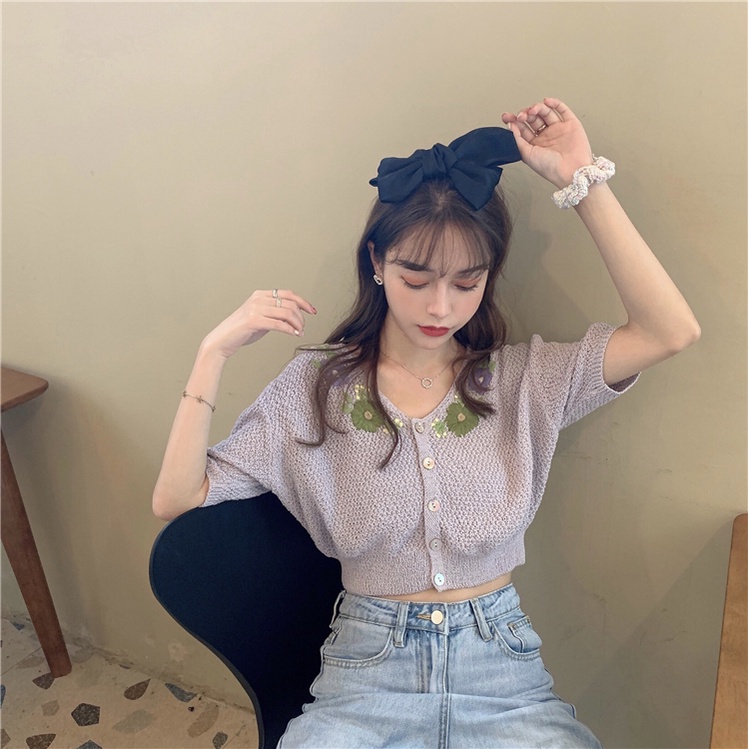 SUXI Áo Dệt Kim Tay Ngắn Phong Cách Vintage Thời Trang Mùa Hè Cho Nữ