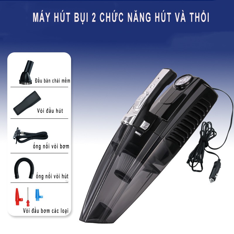 Máy hút bụi cầm tay mini kiêm bơm hơi xe ô tô R-6058 phiên bản mới | Hút bụi, bơm lốp, đo áp suất, có đèn LED chiếu sáng