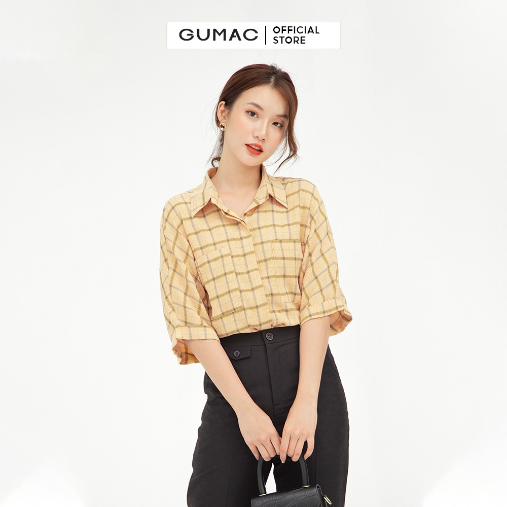 [Mã WABRGUSBD2 giảm 10% tối đa 50k đơn từ 250k] Áo sơ mi nữ tay dơi GUMAC màu vàng họa tiết caro AB560 | BigBuy360 - bigbuy360.vn