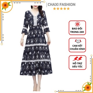 Hàng nhập - đầm xòe lụa hoa phối viền ren dáng dài cao cấp - ls21285