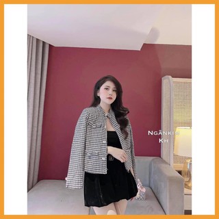 Áo dạ ziczac nhỏ đính cúc hoa đá cổ trụ
