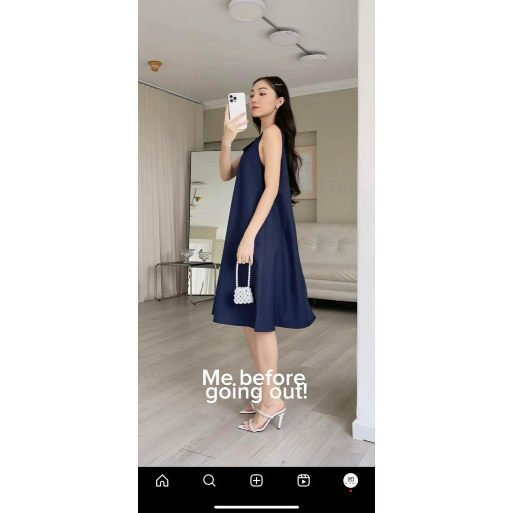 TUBYCATU | Đầm sát nách xanh đen cổ V 3 nơ