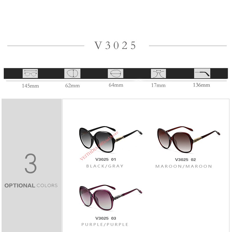 Kính Mát VEITHDIA V3025 Tròng Phân Cực Thiết Kế Retro Kiểu Dáng Sang Trọng Cho Nữ | BigBuy360 - bigbuy360.vn
