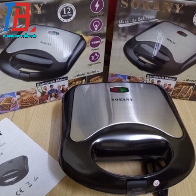 Máy làm bánh Sokany KJ-105 làm bánh hotdog hoặc kẹp sandwich công suất 750W chống dính tốt có đèn báo sáng