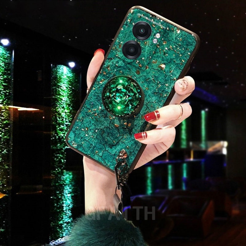 Ốp Điện Thoại Họa Tiết Vân Đá + Banh Lông Cho OPPO A98 5G A78 A58 A17 A57 A77 A77S Reno8T 9 8 7 Pro Plus 4G C55 C33