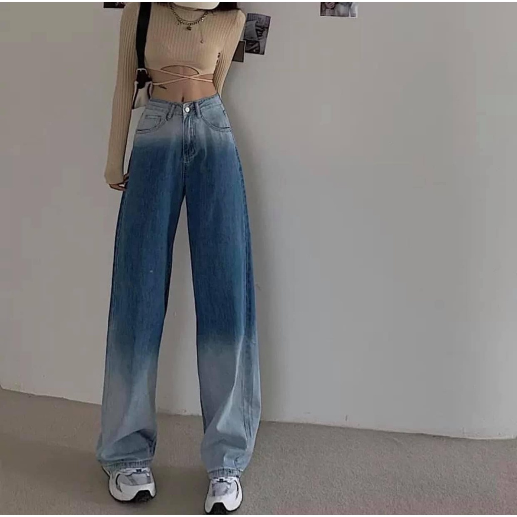 Quần jean nữ ống rộng - Quần bò loang lưng cao ống đứng cạp cao ống suông cao cấp giá rẻ đẹp