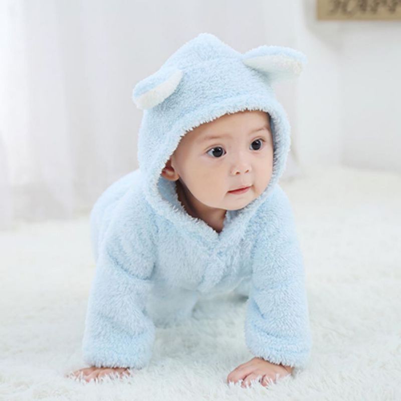 Bộ Áo Liền Quần Bằng Cotton Lông Cừu San Hô Có Nón Cho Bé Sơ Sinh