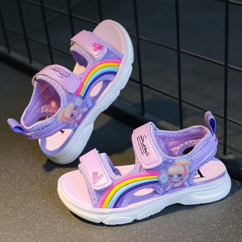 Giày quai dán chất dù chống nước cho bé trai bé gái hai màu tím trắng quai dán sọc bảy sắc cầu vòng siêu mềm