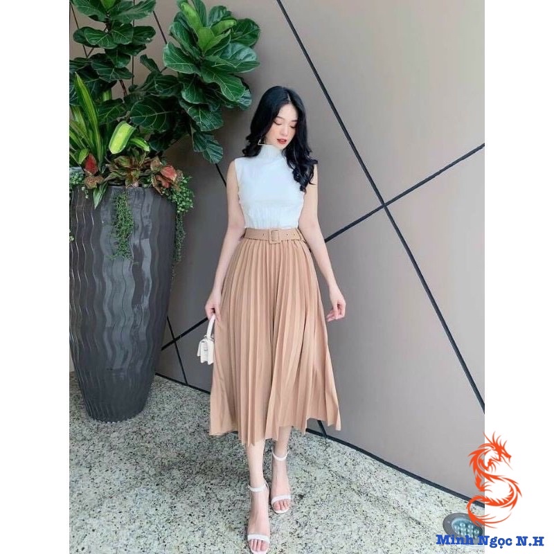 Chân Váy Hot xếp ly dài-kèm Đai.(hàng QC)