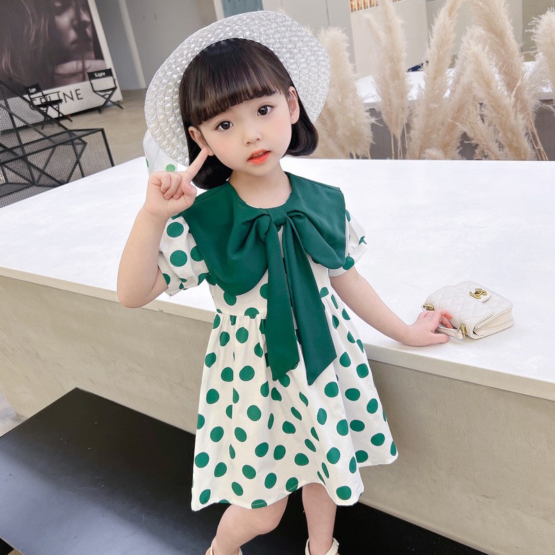 Váy bé gái chấm bi nơ cổ to 2 mầu xanh vàng XHN982