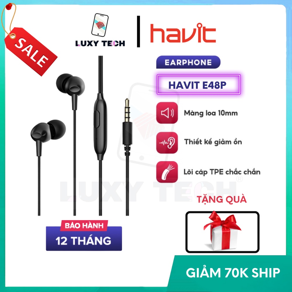 Tai nghe In-ear HAVIT E48P High-end Dynamic giảm ồn, nút nhấn đa chức năng, dây TPE nhiều màu - BH 12 Tháng 【Hỏa Tốc BD】