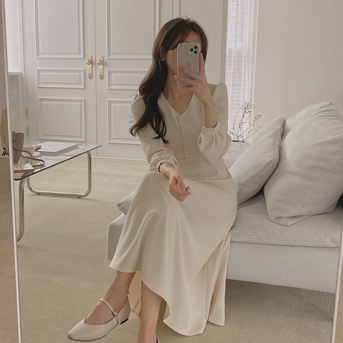 Đầm midi SUXI dài tay cổ chữ V đơn giản thời trang mùa hè cho nữ