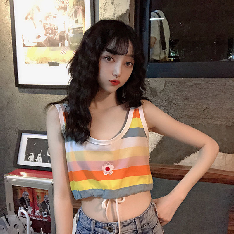Áo Croptop Ngắn Tay Dáng Rộng Kẻ Sọc Màu Cầu Vồng Thời Trang Mùa Hè 2021 Cho Nữ
