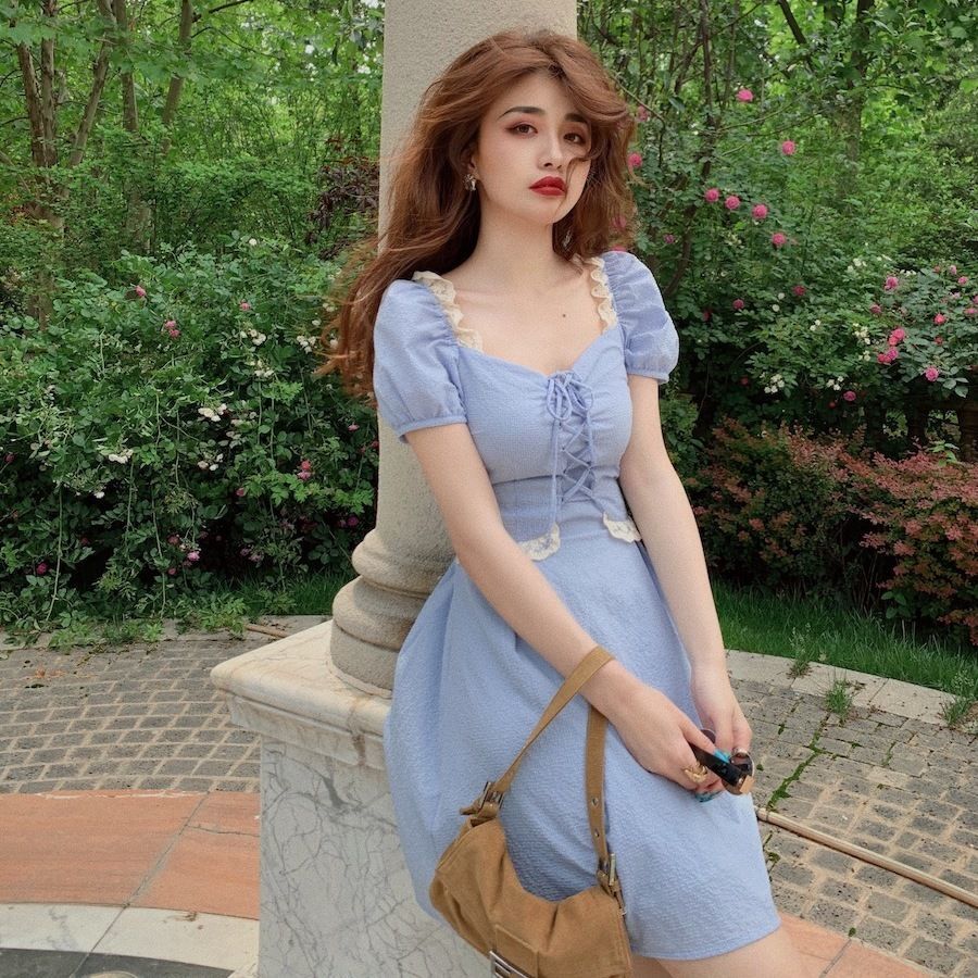 ready stock Đầm Midi Tay Ngắn Màu Xanh Thời Trang Mùa Hè Cho Nữ | BigBuy360 - bigbuy360.vn