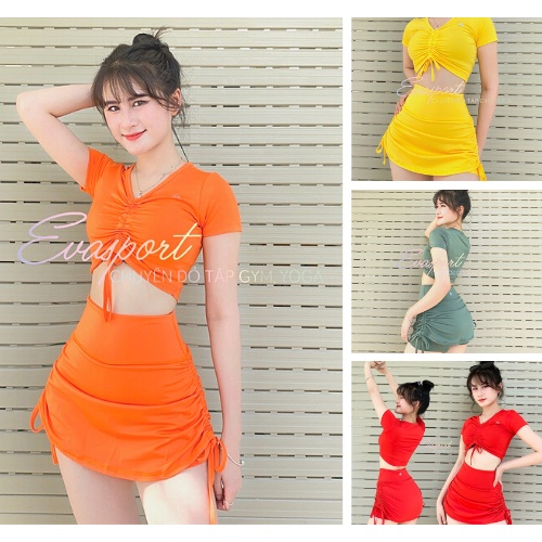 Bikini bộ bơi áo tay lửng rút ngực phối váy dây rút quần đùi kín đáo dễ thương EVA TLVDR