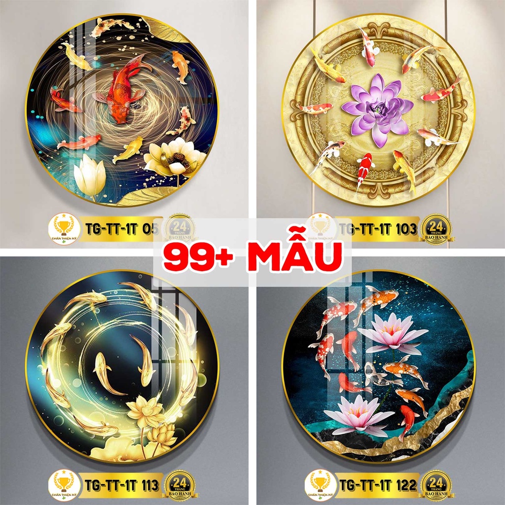 Tranh tròn treo tường tráng gương in hình cá chép, hoa sen, cửu ngư quần hội mang đến tài lộc và may mắn