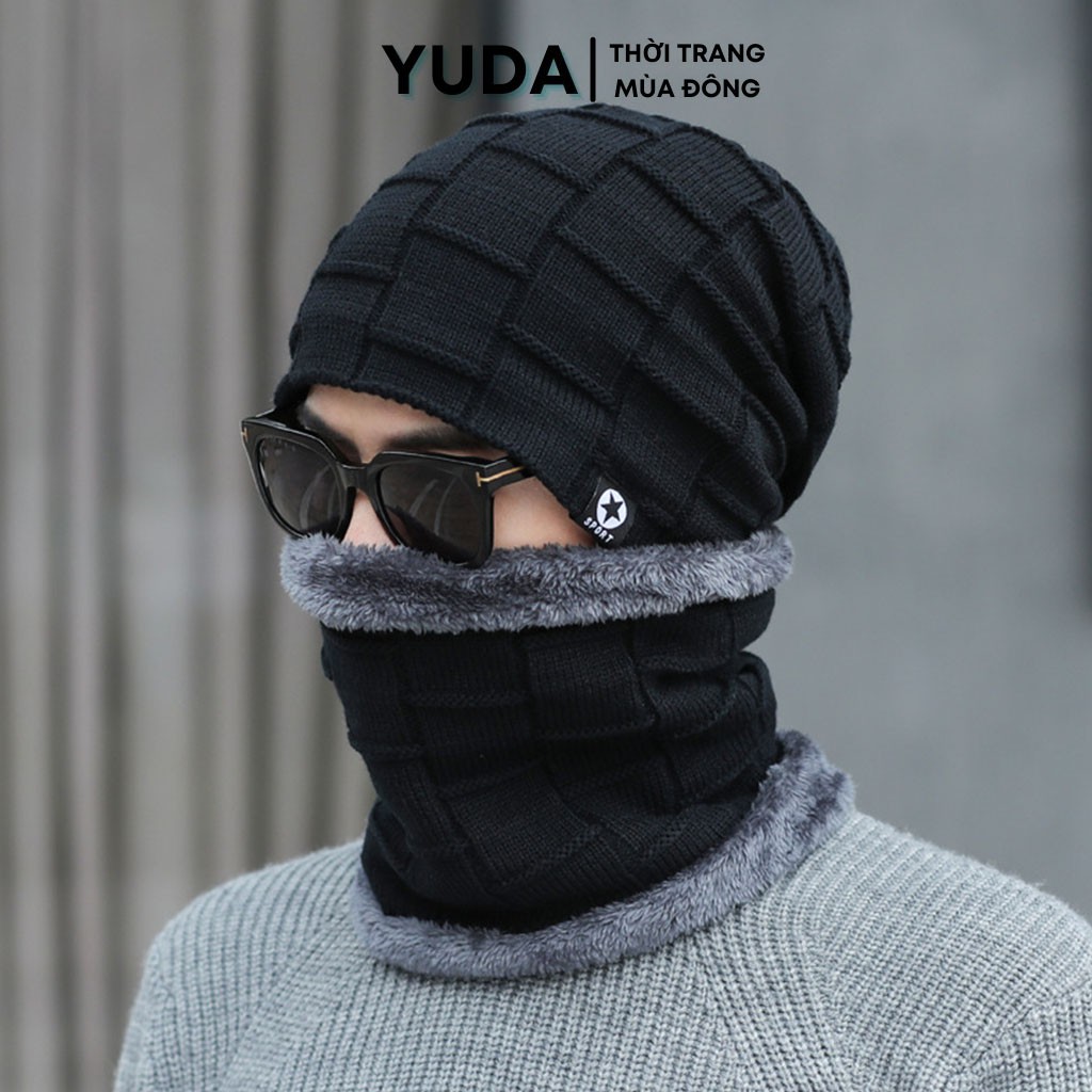 Mũ len kèm khăn quàng cổ nam nữ YUDA nón len trùm đầu nam nữ mùa đông chất liệu len cao cấp #1