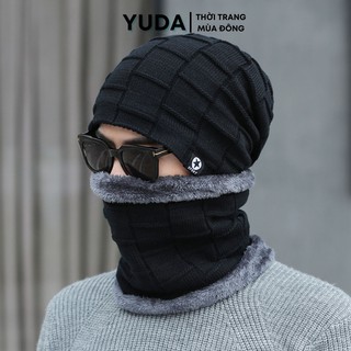 Mũ len kèm khăn quàng cổ nam nữ YUDA nón len trùm đầu nam nữ mùa đông chất liệu len cao cấp