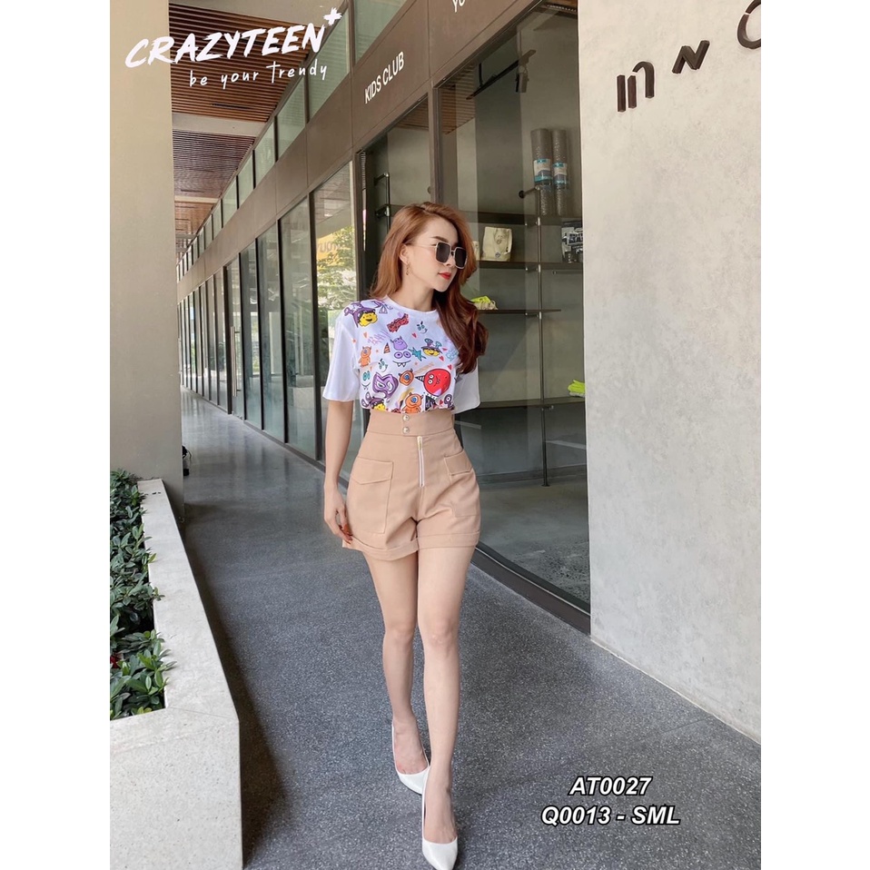 Quần short ngắn nữ CRAZYTEEN lưng cao phối nút Q0013