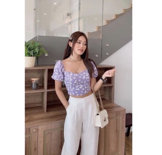 Áo crop hoa cúc cột nơ sau