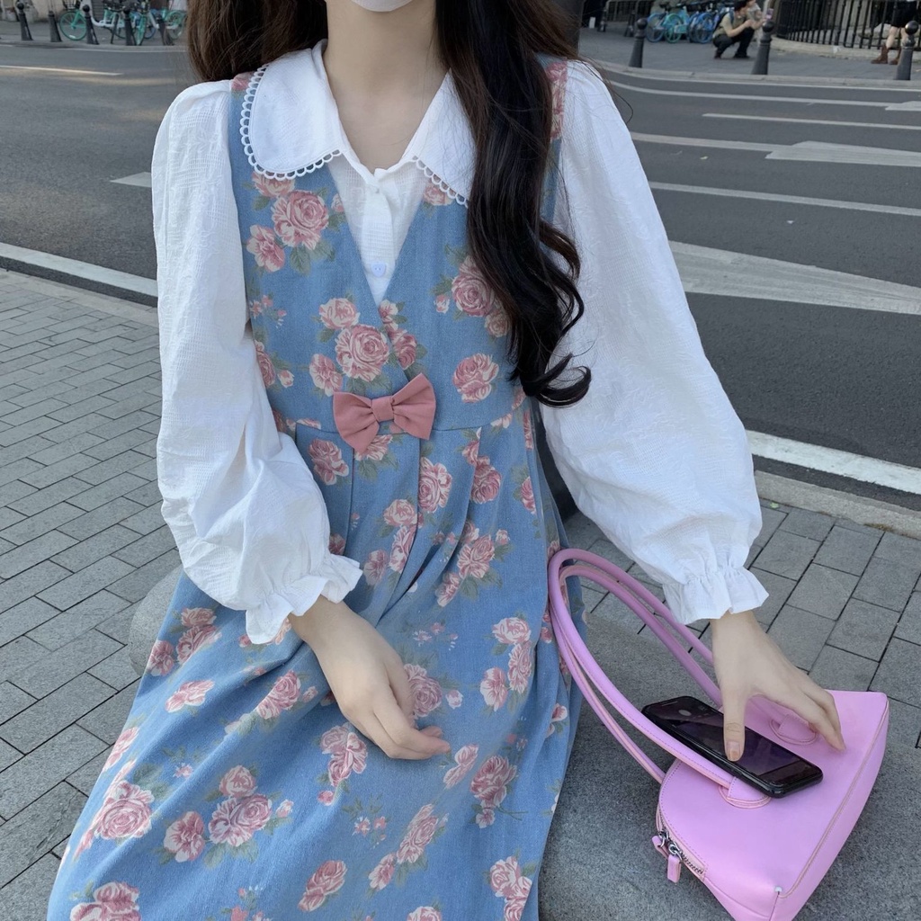Set đầm hai dây in hoa và áo sơ mi tay phồng đáng yêu (có bán lẻ)