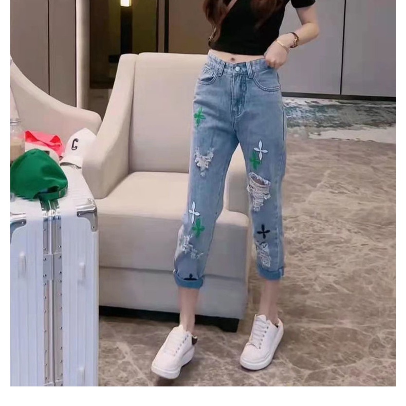 Net red cross pattern ripped jeans women's new summer large size small tall waist thin straight tube daddy pants