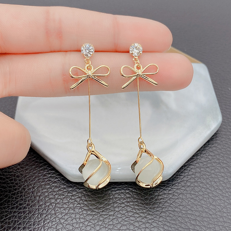 Bông tai dáng dài đính nơ phối tua rua phong cách Hàn Quốc đơn giản thời trang cho nữ