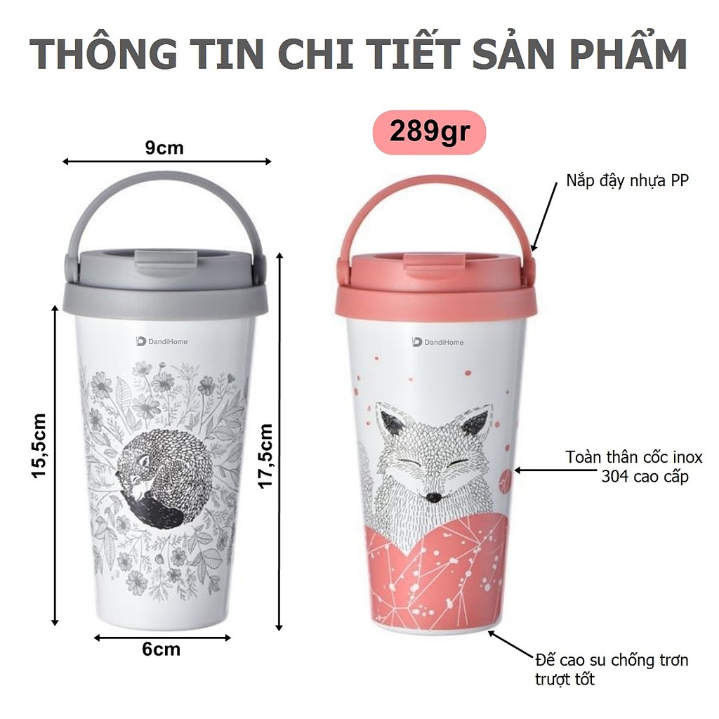 Cốc 500ml DandiHome inox 304 cách nhiệt, giữ nhiệt nóng lạnh hình chú Cáo