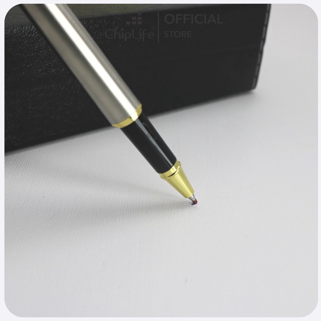 Bút kim loại khắc tên theo yêu cầu CHIPLIFE bạc viền vàng P027BV - Ngòi 0.5mm mực xanh