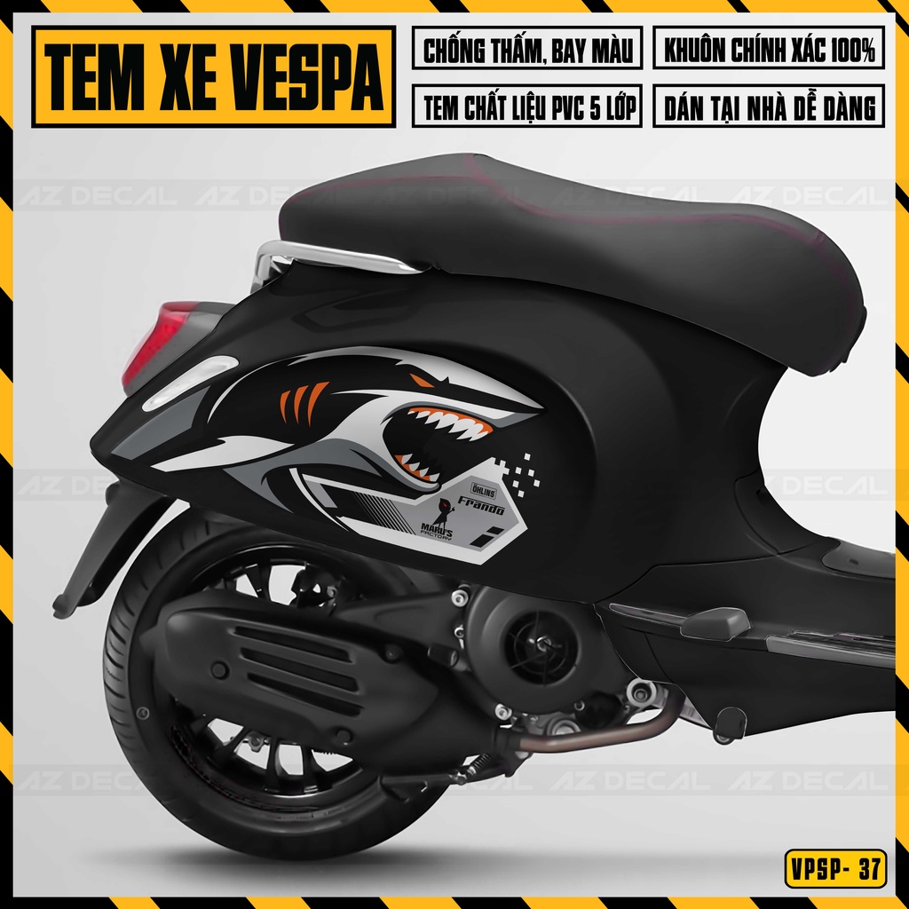 Tem Chế Xe Vespa Mẫu Cá Mập Maru's Factory | VPSP37 | Decal Dán Vespa Sprint / Primavera Nghệ Thuật