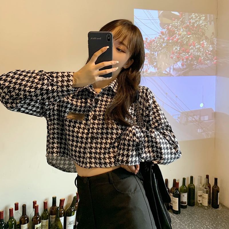 SUXI Áo sơ mi tay dài dáng rộng họa tiết kẻ sọc caro thời trang mùa thu Hàn Quốc trẻ trung năng động cho nữ