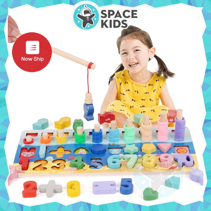 Đồ chơi gỗ cho bé Space Kids Bảng gỗ câu cá 4 trong 1 cho trẻ em học số, cột tính, ghép hình khối