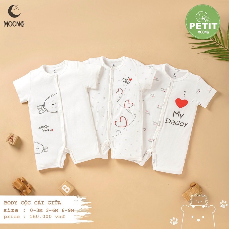 Body cộc tay cho bé sơ sinh Moon chất vải petit mềm mịn size 0 đến 9 tháng tuổi