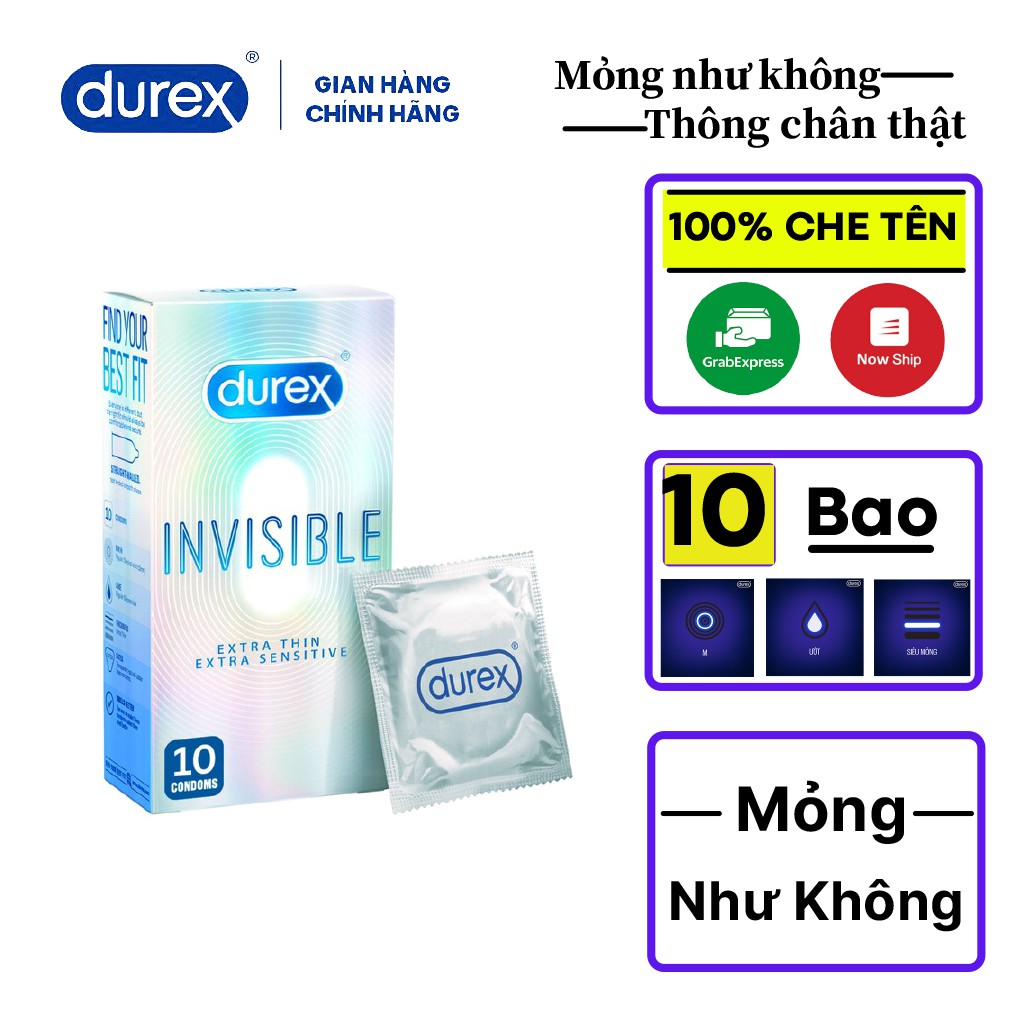 Bao cao su Durex Invisible Extra Thin siêu mỏng 10 bao + Tặng kèm hộp 3 bao Durex | Bao cao su siêu mỏng, tăng cường gel