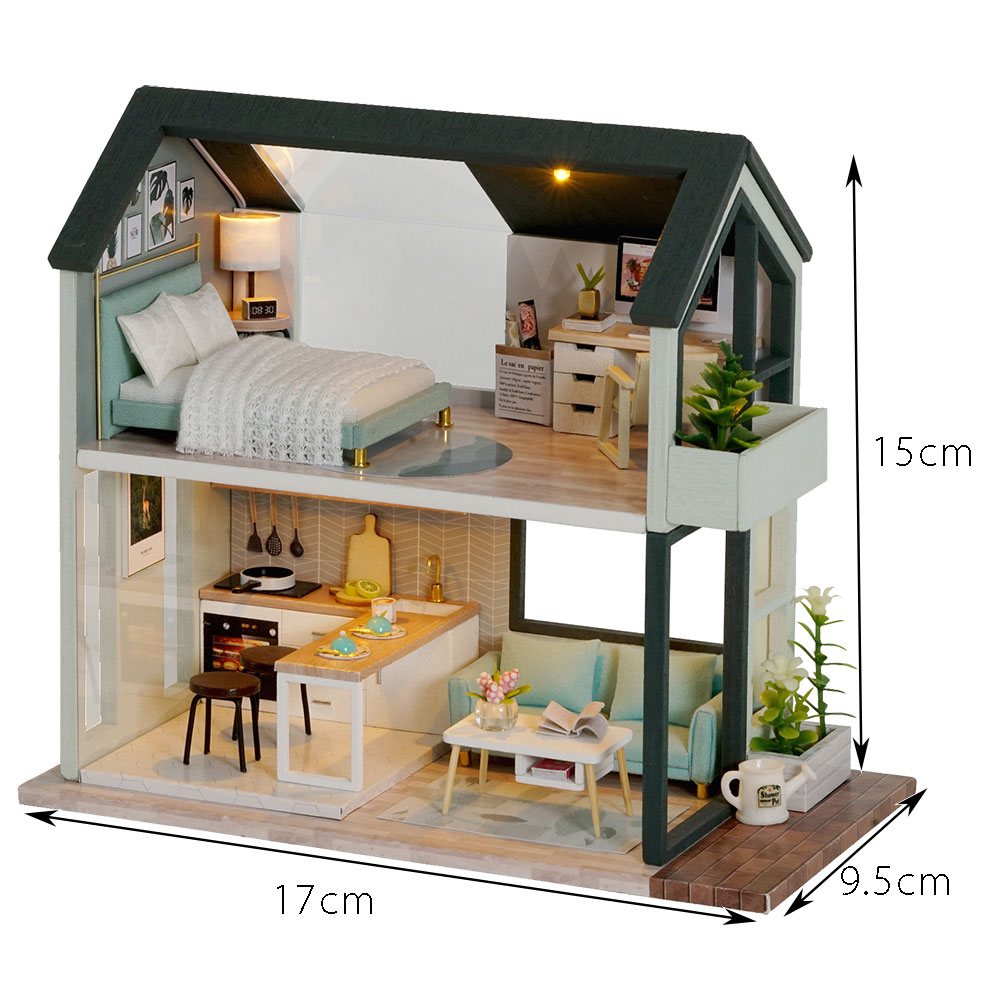 Mô hình Nhà búp bê DIY Dollhouse lắp ghép bằng gỗ có đèn Led, mẫu Peaceful Time Tặng kèm Mica che bụi, và dụng cụ lắp