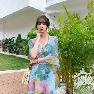 Bộ đồ bơi nữ liền mảnh váy họa tiết hoa chất thun dày đẹp phối lưới xịn size lớn