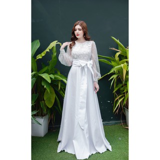 Đầm maxi dạ hội trắng tay dài sang trọng - Hình Thật SP 100%