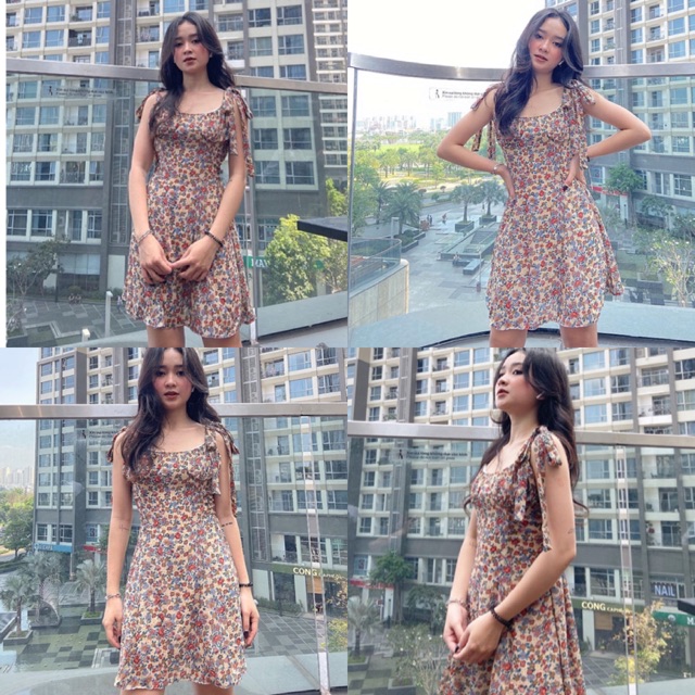 Đầm 2 dây Hugoo Dress , váy thiết kế hoạ tiết hoa sau lưng bo chun , dây váy tự cột đuôi váy xoè nhẹ from chuẩn dễ mặc